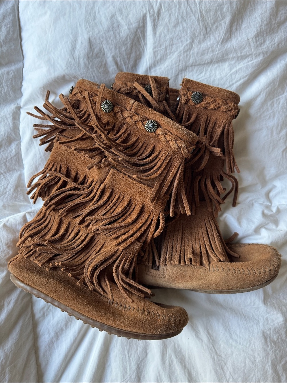 Fringed Minnetonka Suede Boots - Brown